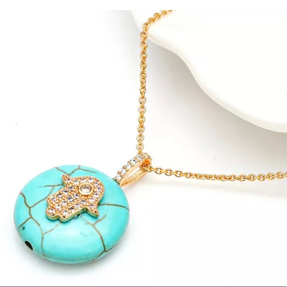 Natural 20 mm Turquoise & CZ Yellow Hamsa Pendant Necklace For Women With Chain